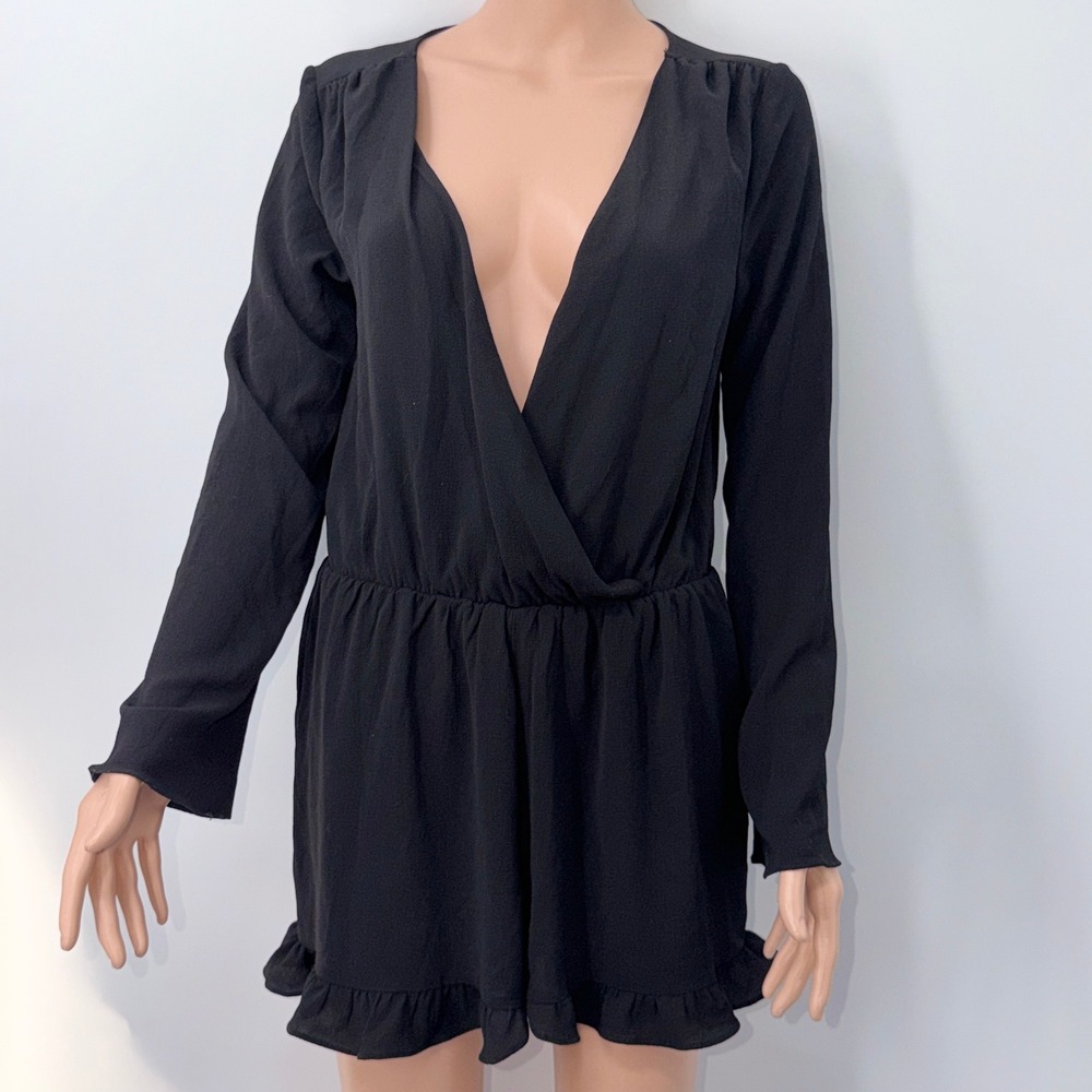 Honey Belle Small Black Long Sleeve Deep V-Neck Ruffle Hem Romper Coquette Chic